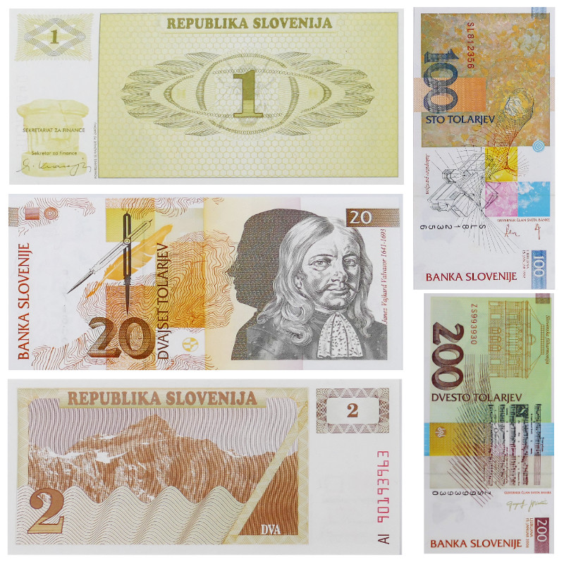 Slovénie 5 billets de banque neufs.