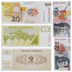 Slovénie 5 billets de banque neufs.