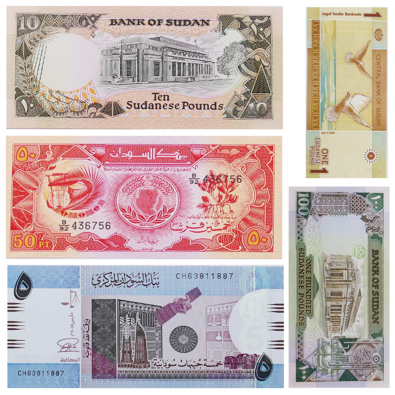 Soudan 5 billets de banque neufs.