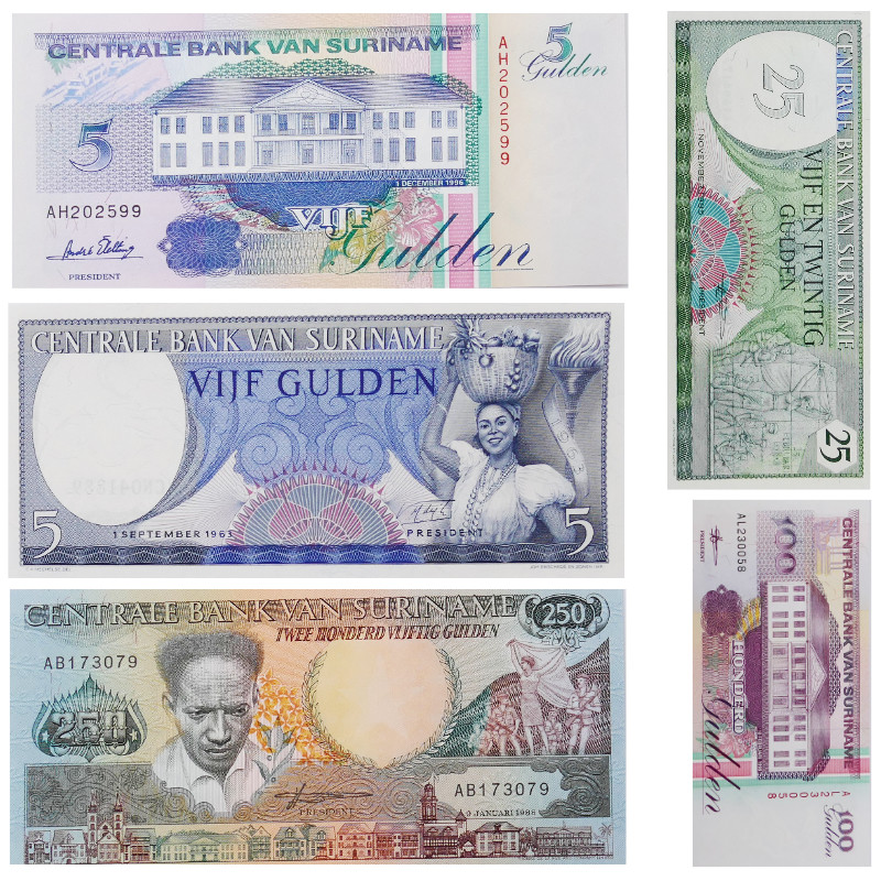 Suriname 5 billets de banque neufs.