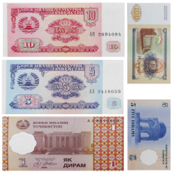 Tadjikistan 5 billets de banque neufs.