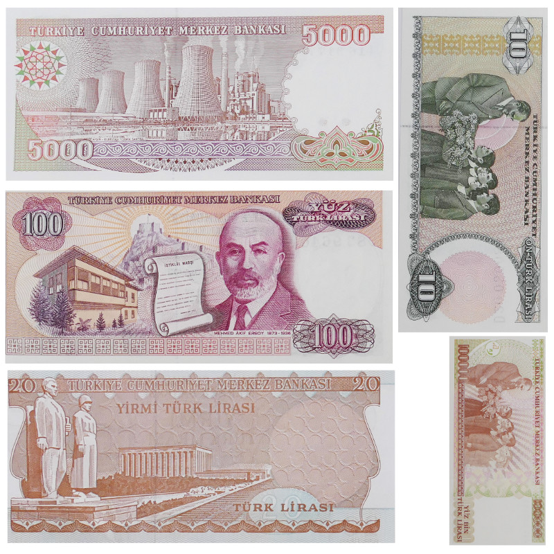 Turquie 5 billets de banque neufs.