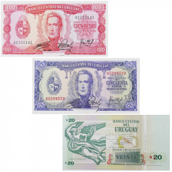 Uruguay 3 billets de banque neufs.