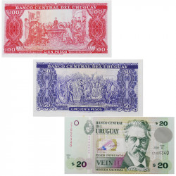 Uruguay 3 billets de banque neufs.
