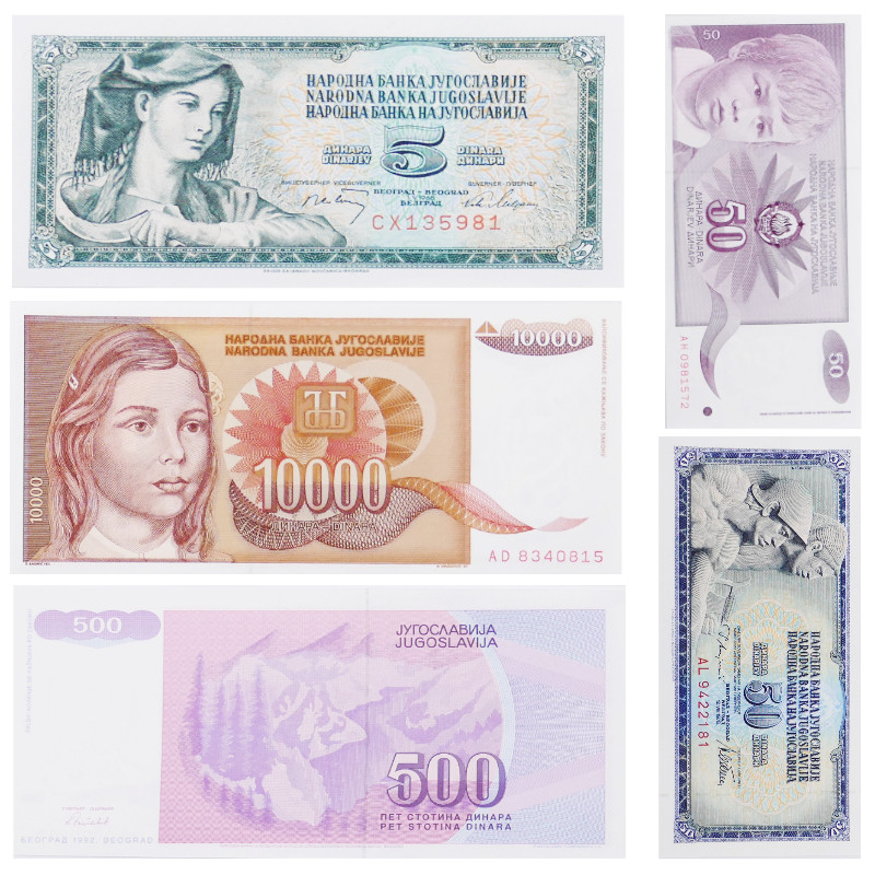 Yougoslavie 5 billets de banque neufs.