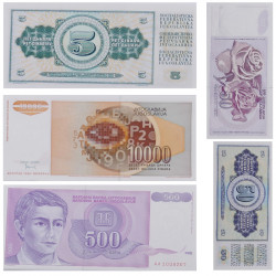 Yougoslavie 5 billets de banque neufs.