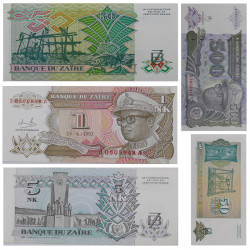 Zaïre 5 billets de banque neufs.