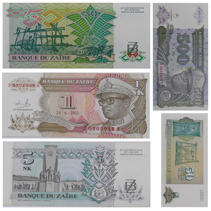 Zaïre 5 billets de banque neufs.