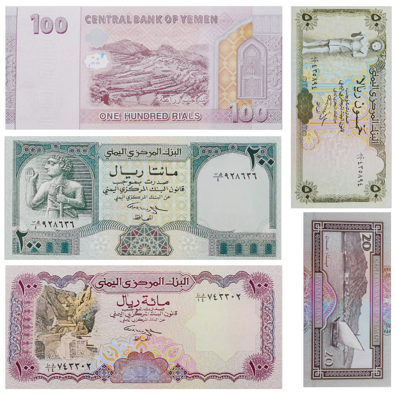 Yémen 5 billets de banque neufs.
