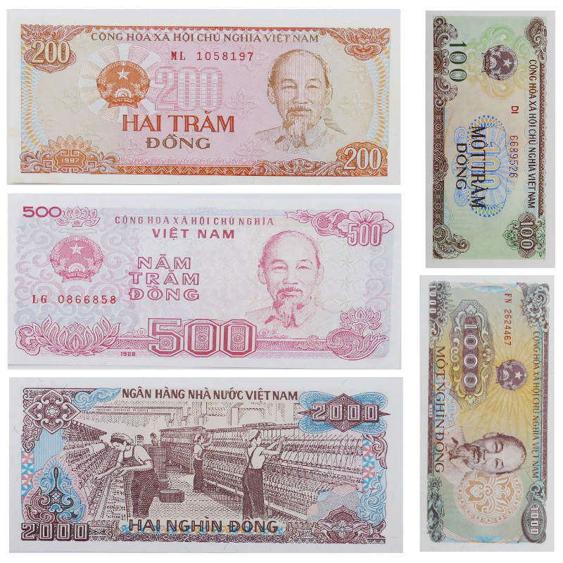 Vietnam 5 billets de banque neufs.