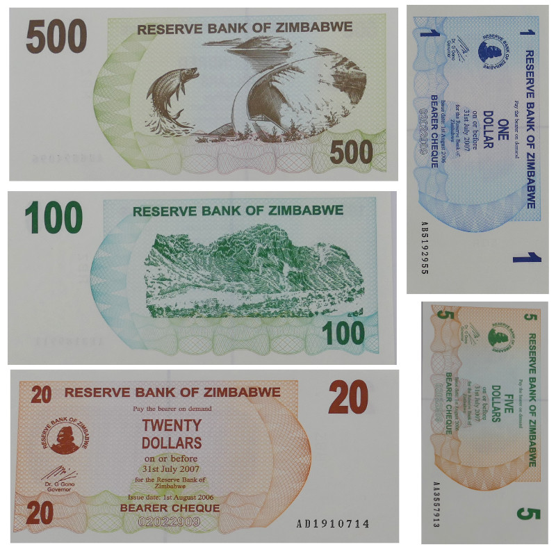 Zimbabwe 5 billets de banque neufs.