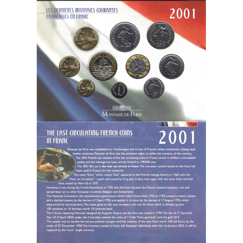 Coffret dernières monnaies courantes françaises en franc BU 2001.
