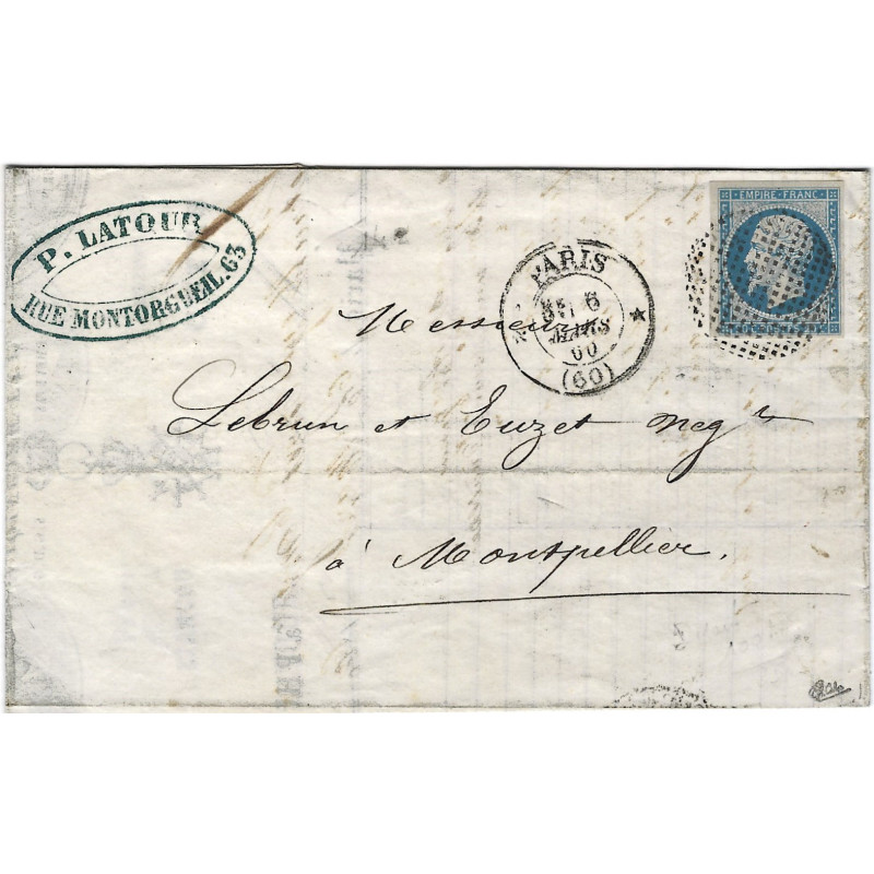 Empire non dentelé N°14A oblitéré cercle de points sur pli de Paris 1860.