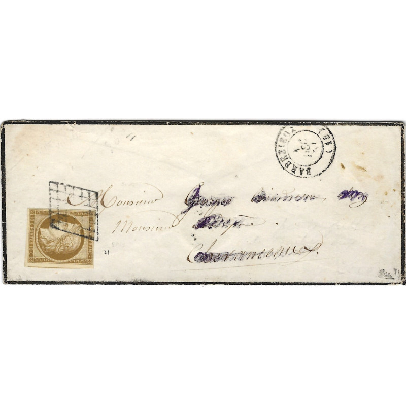 Cérès non dentelé N°1 oblitéré grille sur enveloppe de deuil 1851.