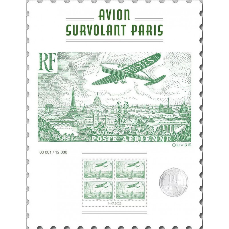 Affiche Avion survolant Paris - Poste aérienne 2025 à tirage limitée.