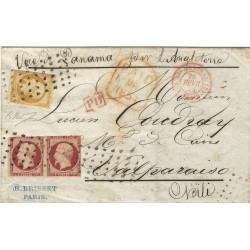 Empire timbre de France N°18 paire oblitéré sur pli pour Chili 1854, RR.