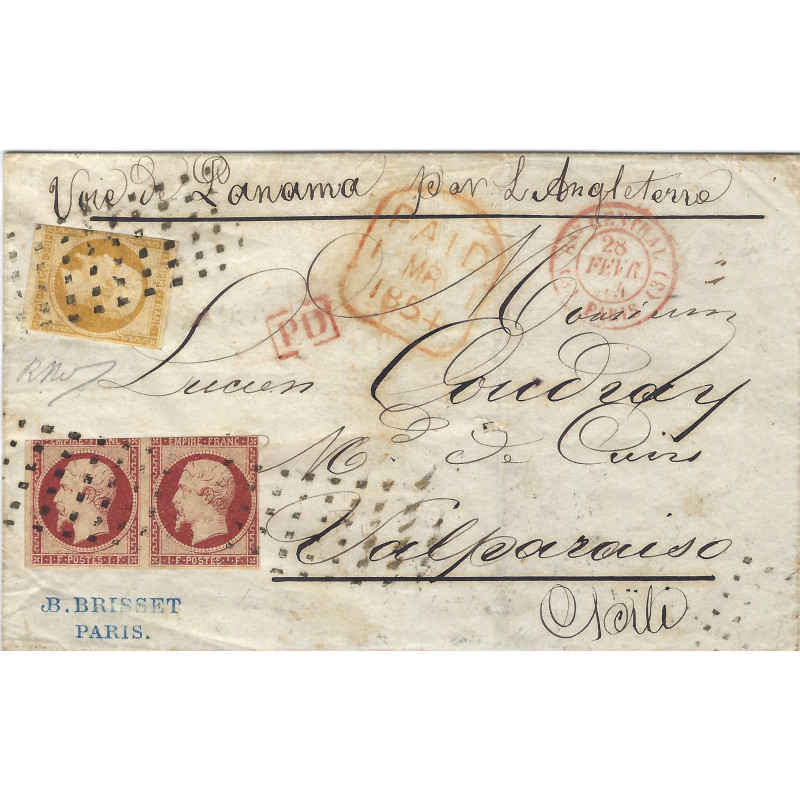 Empire timbre de France N°18 paire oblitéré sur pli pour Chili 1854, RR.