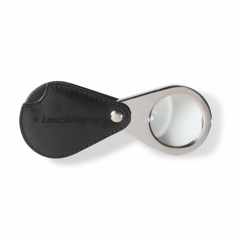 Loupe de poche pliable avec étui en cuir véritable.