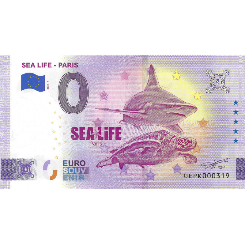 Billet touristique 0 Euro Souvenir – SEA LIFE Paris – Requin et tortue marine – 2025.