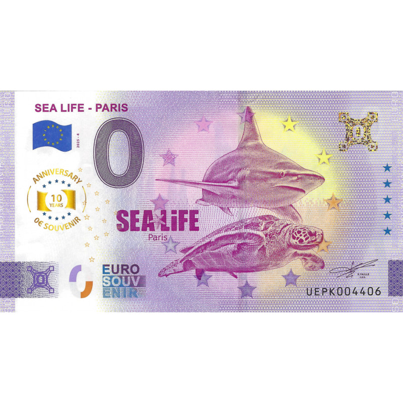 Billet Euro souvenir Sea Life Paris - Requin / Tortue - édition anniversaire - 2025.