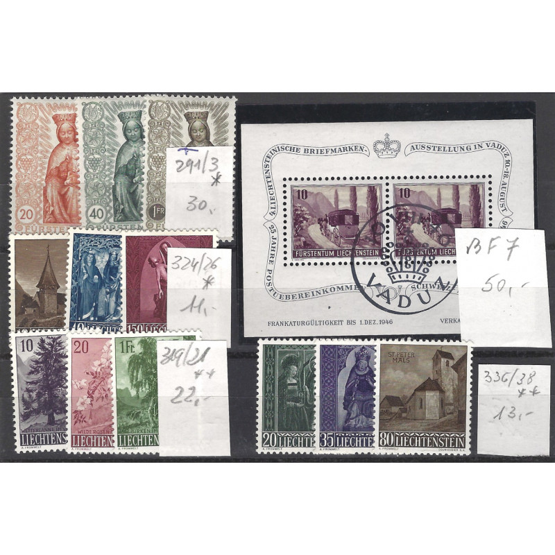 Liechtenstein sélection de timbres entre 1946-1959 neufs et oblitérés.
