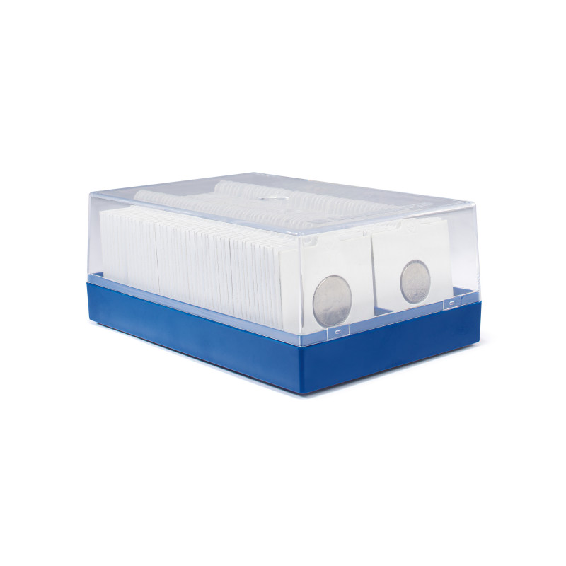 Coffret pour 100 monnaies sous cadres cartonnés.
