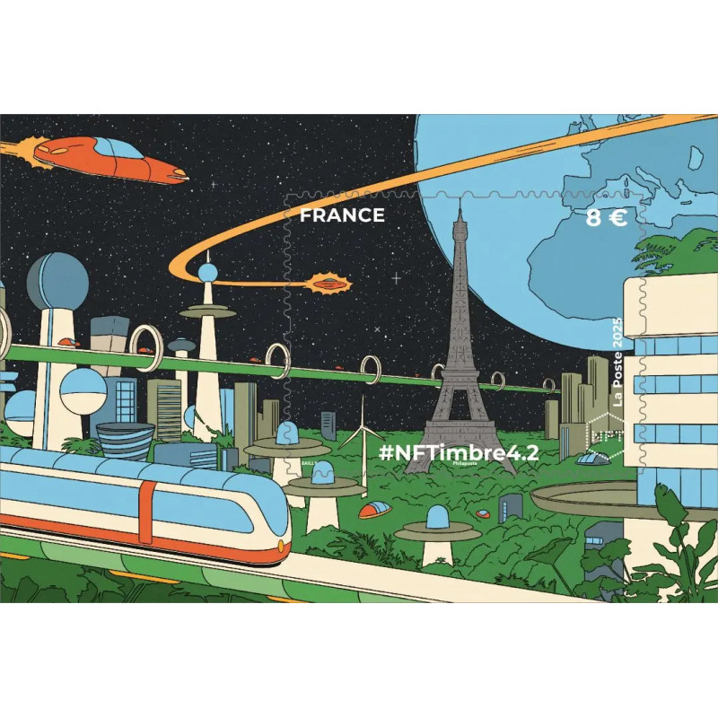 Feuillet crypto timbre N°7 NFTimbre4.2 Tour Eiffel argent autoadhésif.