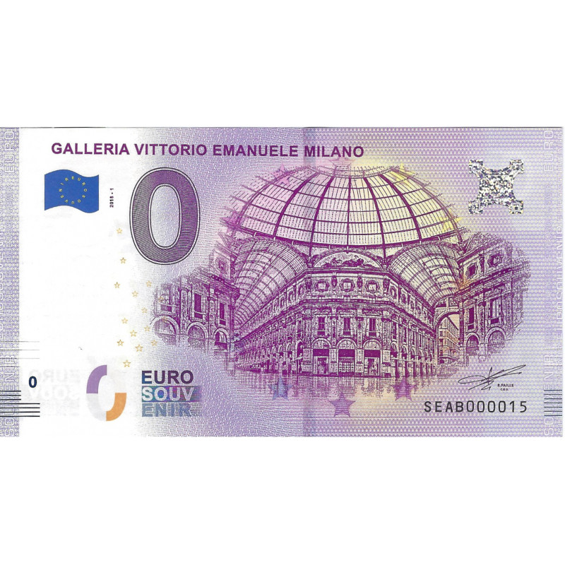 Billet Euro Souvenir 0 € – Galleria Vittorio Emanuele II – Milan – Italie – 2018.