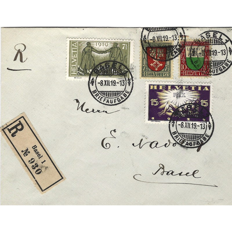 Suisse timbres N°170-172-173-174 oblitérés sur lettre recommandée de Basel 1919.