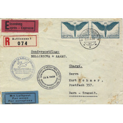 Suisse timbre poste aérienne N°10 oblitéré sur devant lettre par vol spécial 1938.