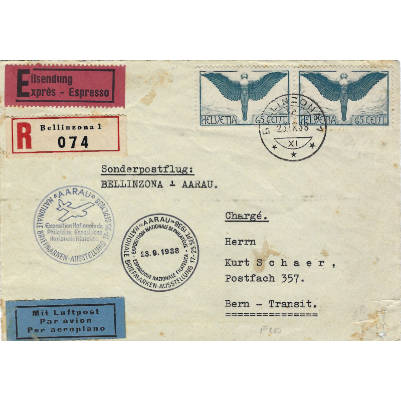 Suisse timbre poste aérienne N°10 oblitéré sur devant lettre par vol spécial 1938.
