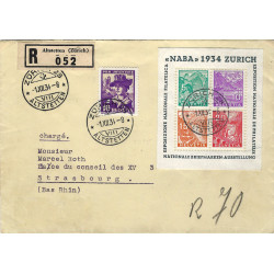 Suisse bloc feuillet de timbres N°1 oblitéré sur lettre recommandée pour Strasbourg 1934.