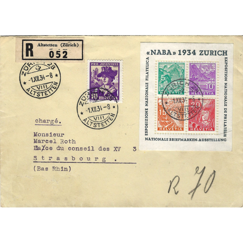 Suisse bloc feuillet de timbres N°1 oblitéré sur lettre recommandée pour Strasbourg 1934.