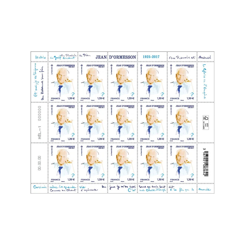 Timbre Jean d'Ormesson en feuillet de France N°F189 neuf**.