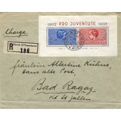Suisse bloc feuillet de timbres N°3 oblitéré sur lettre recommandée 1938.