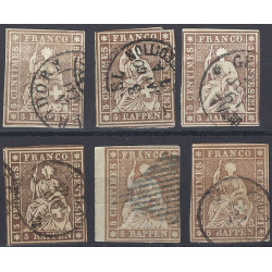 Suisse Helvetia timbre N°26 et 26c lot de 6 exemplaires pour étude.