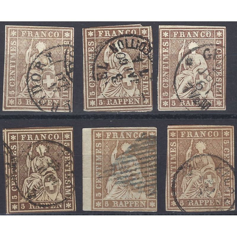 Suisse Helvetia timbre N°26 et 26c lot de 6 exemplaires pour étude.