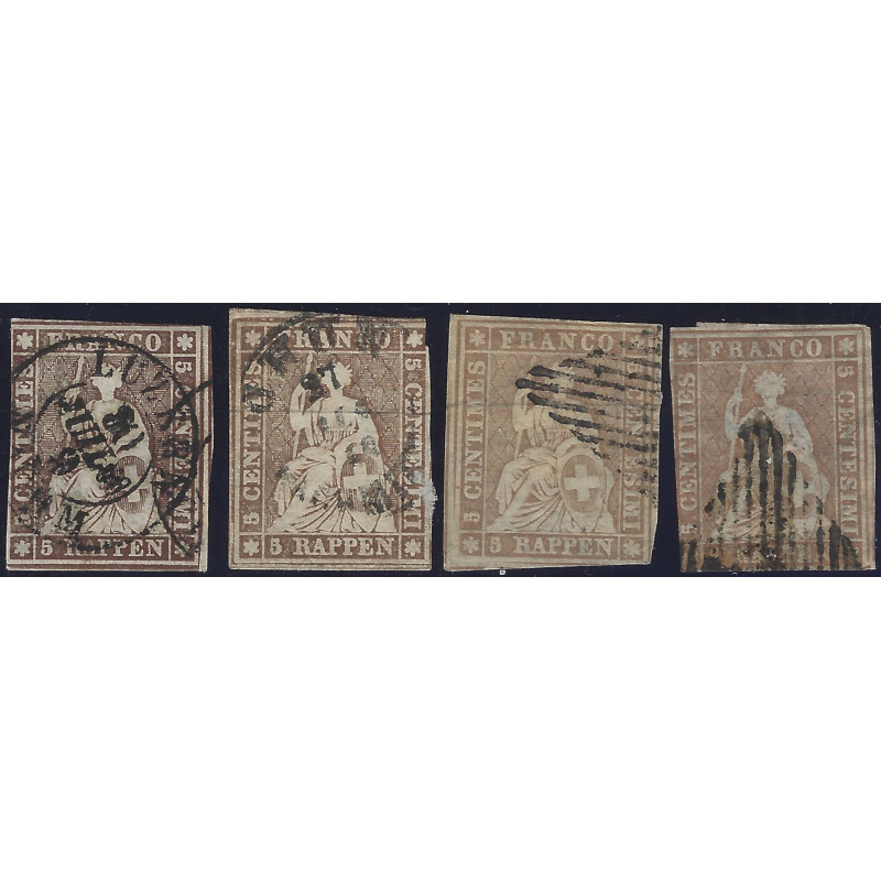Suisse Helvetia timbre N°26a-b-c-d lot de 4 exemplaires pour étude.