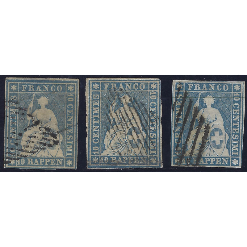 Suisse Helvetia timbre N°27 lot de 3 exemplaires pour étude.