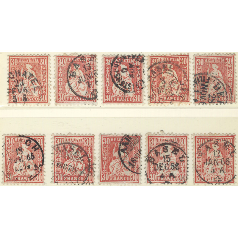 Suisse Helvetia assise timbre N°38 lot de 10 exemplaires pour étude.