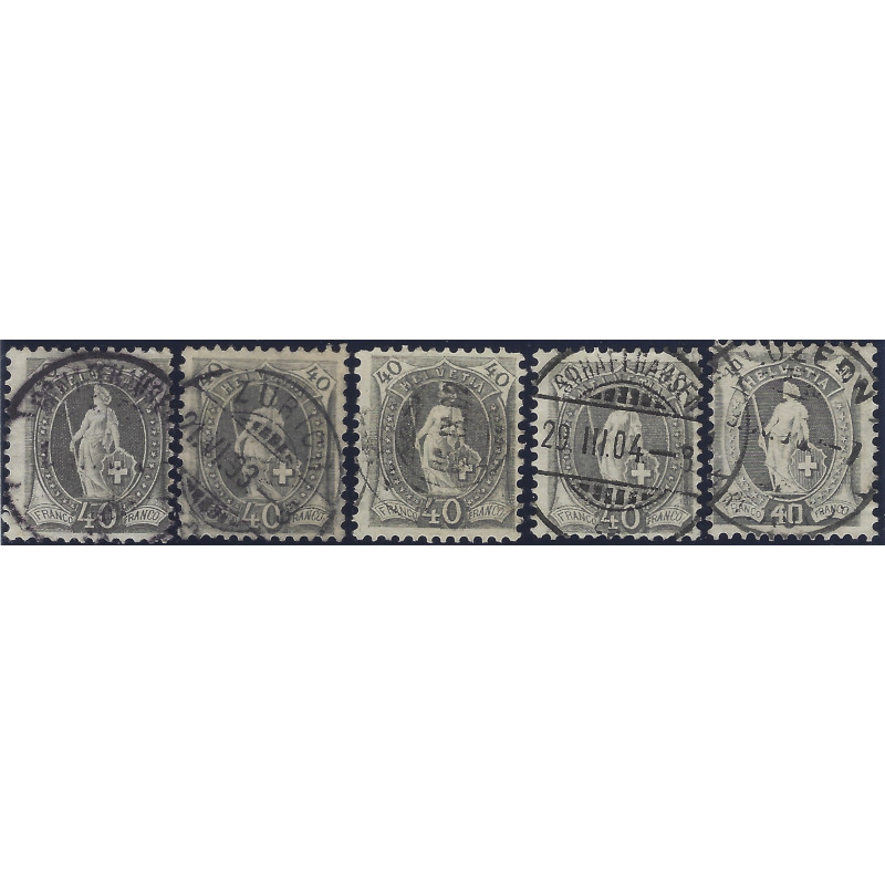 Suisse Helvetia débout timbres N°75 / 92 lot 5 exemplaires pour étude.