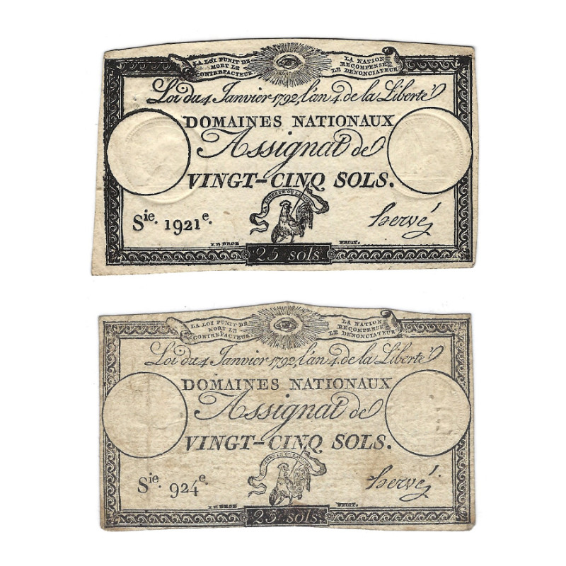 France lot de 2 assignats de 25 sols N°Ass-25f.