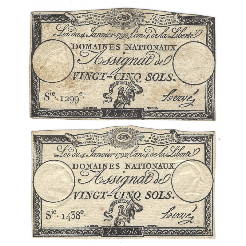 France lot de 2 assignats de 25 sols N°Ass-25f.