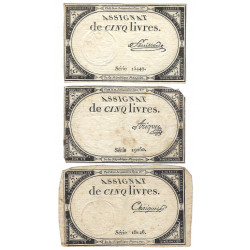 France lot de 3 assignats de 5 livres N°Ass-46a.