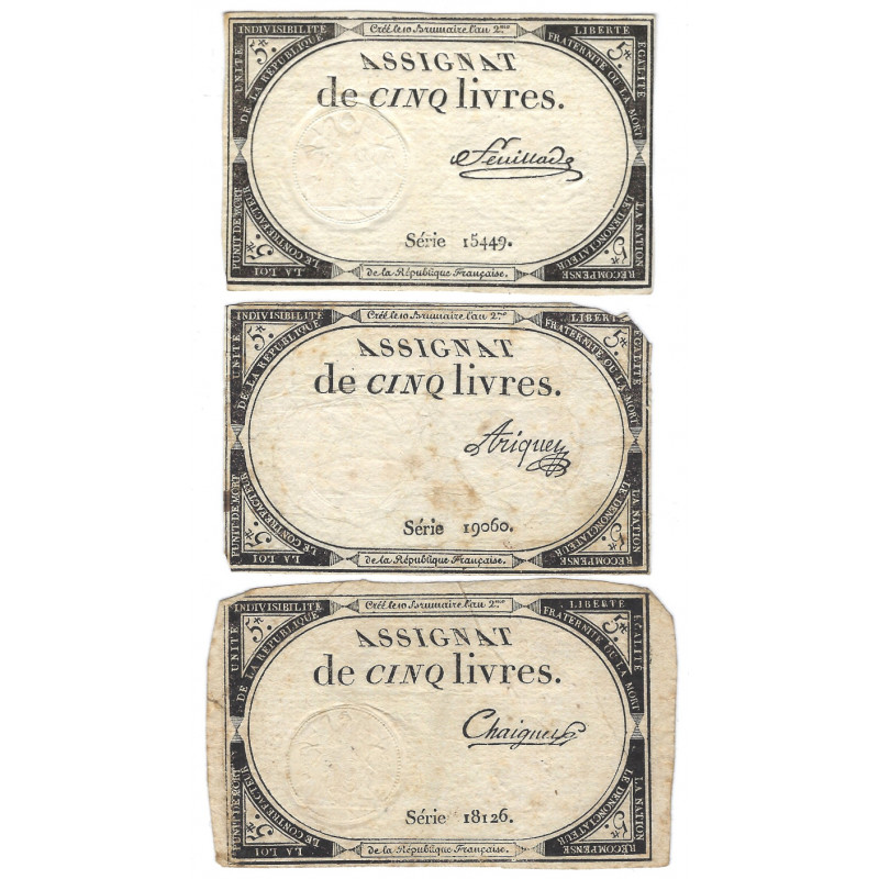 France lot de 3 assignats de 5 livres N°Ass-46a.