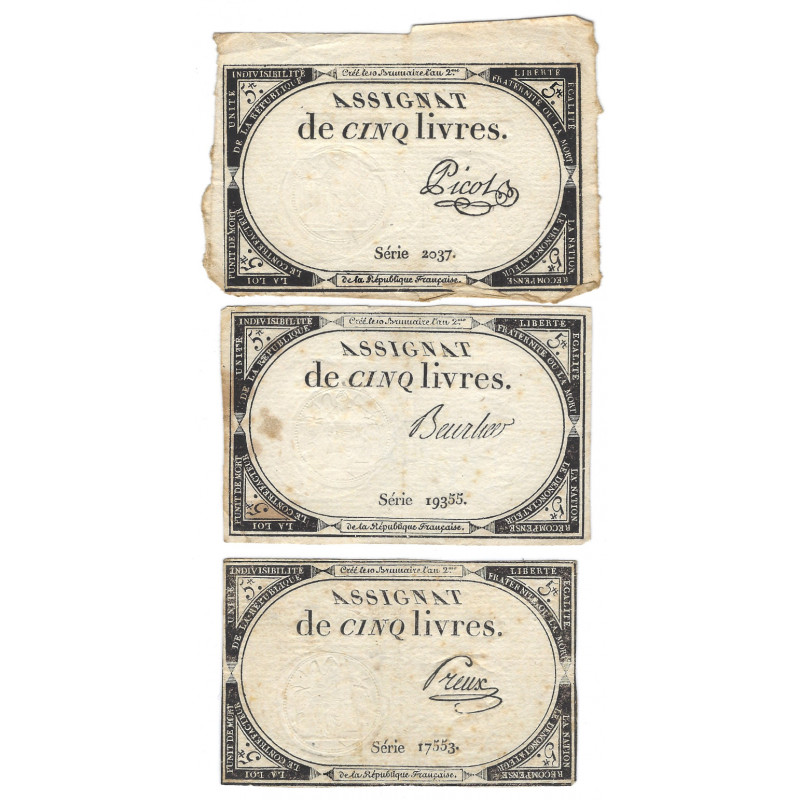 France lot de 3 assignats de 5 livres N°Ass-46a.