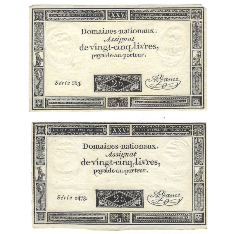 France lot de 2 assignats de 25 livres N°Ass-43a.