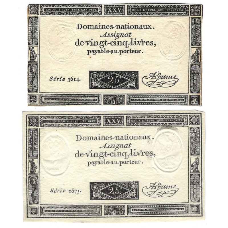 France lot de 2 assignats de 25 livres N°Ass-43a.