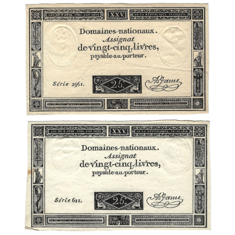 France lot de 2 assignats de 25 livres N°Ass-43a.