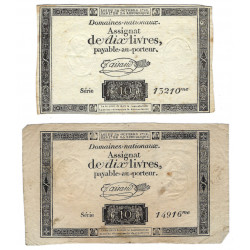 France lot de 2 assignats de 10 livres N°Ass-36a.